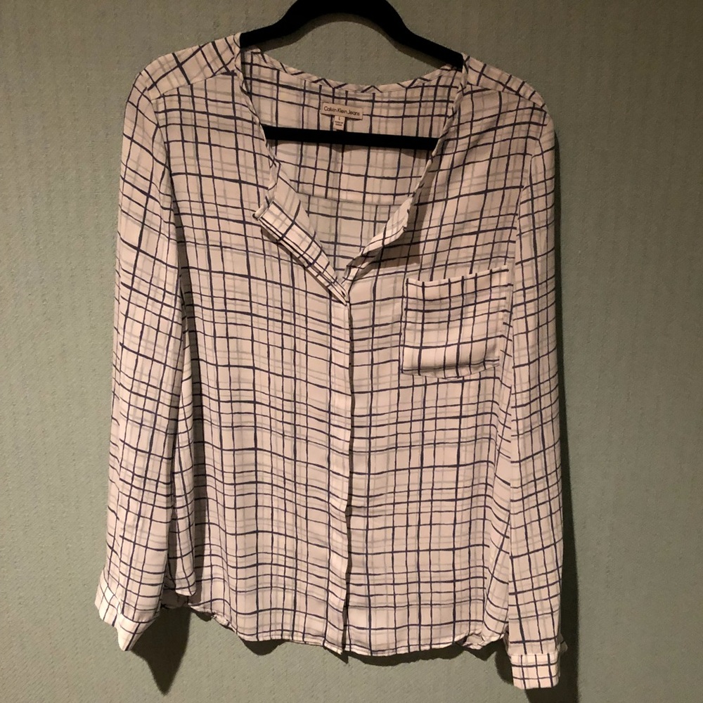 Gray and white rayon blouse